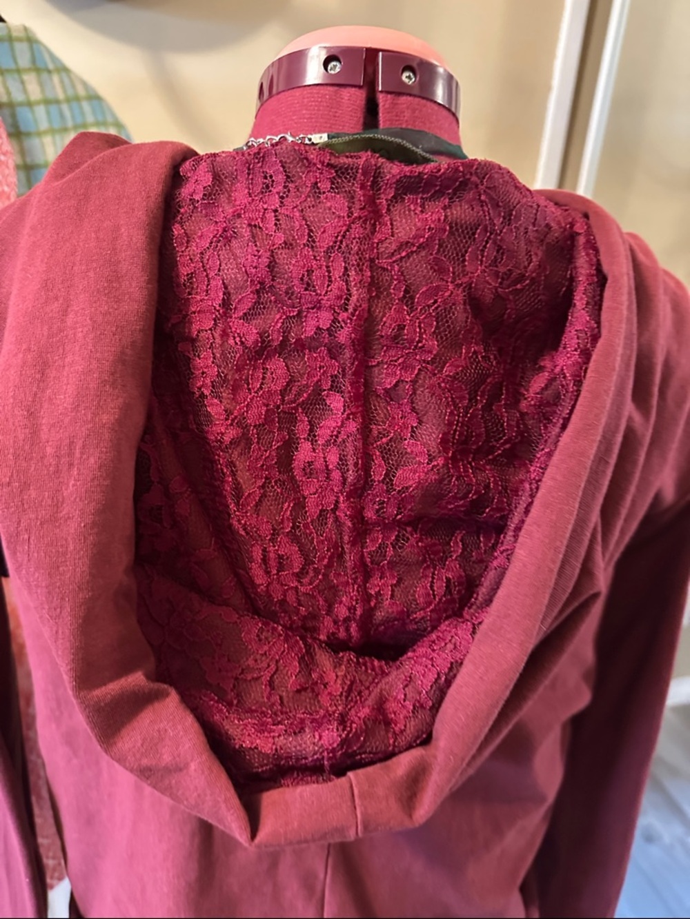 Deep Wine Hooded Wrap Top with Front Tie - Picture 4 of 8